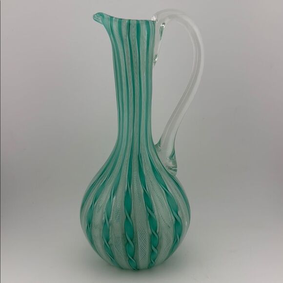RARE Murano Latticino Green & White Glass Jug - Picture 1 of 3